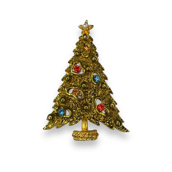Mode Art Arthur Pepper Christmas Tree Brooch Pin Gold Tone Rhinestone Accents - Picture 1 of 10